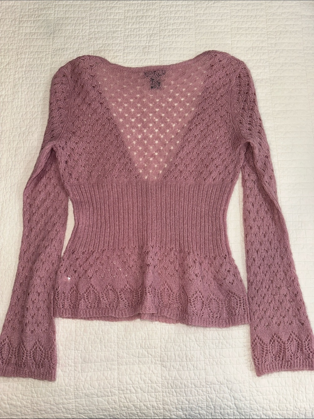 Pink Open Knit V Neck Sweater Women’s Large Boho Sleeve Lightweight Sheer - Picture 5 of 5